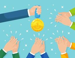 Clap of the hands isolated on background. Businessman clapping to winner. Man holds gold medal Applause, cheer. Good opinion, positive feedback. Congratulate with successful deal Vector flat design