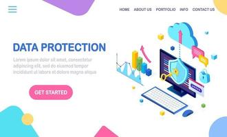 Data protection. Internet security, privacy access with password. 3d isometric computer pc with key, lock. Vector design for banner