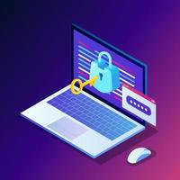 Data protection. Internet security, privacy access with password. 3d isometric computer pc with key, lock. Vector design for banner