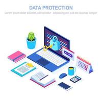 protección de Datos. seguridad en internet, acceso a la privacidad con contraseña. Pc de computadora isométrica 3d con llave, cerradura. diseño vectorial para banner vector