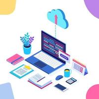 Cloud storage technology. Data backup. 3d isometric laptop, computer, pc with mobile phone isolated on background. Hosting service for website. Vector design for banner