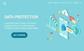 protección de Datos. seguridad en internet, acceso a la privacidad con contraseña. Teléfono móvil isométrico 3d con llave, cerradura, escudo, nube, bocadillo, teléfono inteligente, dinero, gráfico, gráfico. diseño vectorial para banner vector