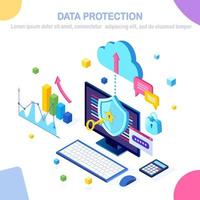 protección de Datos. seguridad en internet, acceso a la privacidad con contraseña. Pc de computadora isométrica 3d con llave, cerradura. diseño vectorial para banner vector