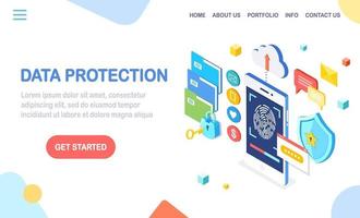 Data protection. Scan fingerprint to mobile phone. Smartphone id security system. Digital signature. Biometric Identification technology, personal access. 3d isometric lock, key, shield. Vector design