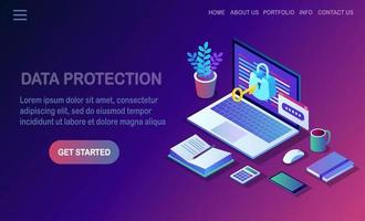 Data protection. Internet security, privacy access with password. 3d isometric computer pc with key, lock. Vector design for banner