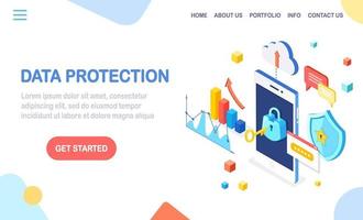 Data protection. Internet security, privacy access with password. 3d isometric mobile phone with key, lock, shield, cloud, speech bubble, smartphone, money, chart, graph. Vector design for banner