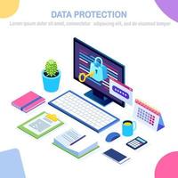 protección de Datos. seguridad en internet, acceso a la privacidad con contraseña. Pc de computadora isométrica 3d con llave, cerradura. diseño vectorial para banner vector