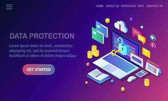 Data protection. Internet security, privacy access with password. 3d isometric computer pc with key, open lock, folder, cloud, documents, laptop, money. Vector design for banner