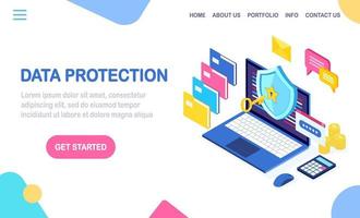 Data protection. Internet security, privacy access with password. 3d isometric computer pc with key, lock, shield, folder, message bubble. Vector design for banner