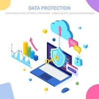 Data protection. Internet security, privacy access with password. 3d isometric computer pc with key, lock, shield, graph, chart. Vector design for banner