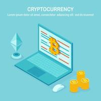 Cryptocurrency and blockchain. Mining bitcoins. Digital payment with virtual money, finance. 3d isometric computer, laptop with coin, token. Vector design for banner