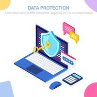 Data protection. Internet security, privacy access with password. 3d isometric computer pc with key, lock, shield, message bubble. Vector design for banner