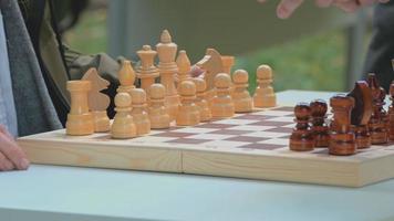 Dos hombres juegan al ajedrez rápido en un torneo blitz entre los ancianos, una partida de ajedrez en la naturaleza, al aire libre, el enfoque selectivo video