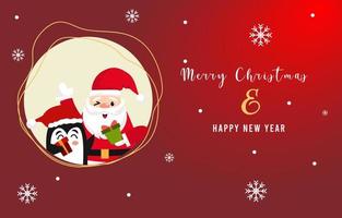 merry christmas and happy new year with cute santa claus and penguin vector illustration
