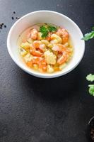 shrimp soup vegetables seafood first course healthy meal diet pescetarian