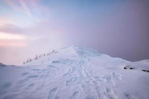 Snow covered mountain peak with footprint and colorful sky in blizzard on mount Segla at Senja island photo