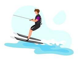 Waterskiing flat vector illustration. Extreme sports experience. Active lifestyle. Summer outdoor fun activities. Ocean turquoise waves. Sportsman isolated cartoon character on blue background