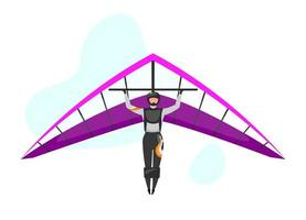 Hang gliding flat vector illustration. Skydiving, paragliding experience. Extreme sports. Active lifestyle. Outdoor activities. Sportsman isolated cartoon character on blue background