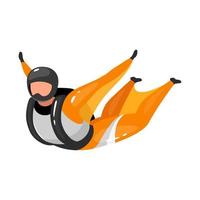 Wingsuit flying flat vector illustration. Freefalling, skydiving experience. Extreme sports. Active lifestyle. Outdoor activities. Skydiver isolated cartoon character on white background