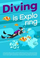 Diving is exploring poster vector template. Extreme watersport. Brochure, cover, booklet page concept design with flat illustrations. Scubadiving. Advertising flyer, leaflet, banner layout idea