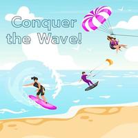 Conquer the wave social media post mockup. Extreme water sport. Inspirational web banner design template. Social media booster, content layout. Motivational poster, print ads with flat illustrations vector