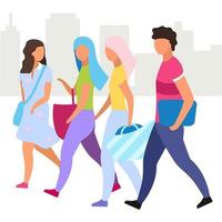 amigos van de compras juntos ilustración vectorial plana. chico y novias caminando personajes de dibujos animados de la calle de la ciudad. mejores amigos pasando tiempo juntos, pasatiempo. grupo de personas, turistas caminando vector