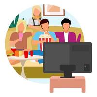 Movie time flat concept icon. Friends watching TV and eating snacks, popcorn. Weekend activity sticker. Best friends spending time together, pastime. Isolated cartoon illustration on white background vector