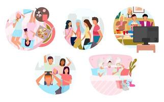 Friends pastime together flat concept icons set. Group of people spending time stickers pack. Shopping together, movie time, sleepover party. Isolated cartoon illustrations on white background vector