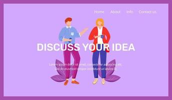 Corporate landing page vector template. Idea discussion and sharing. Company website interface idea with flat illustrations. Organization homepage layout. Business violet webpage cartoon concept