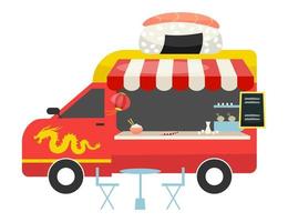 Ilustración de vector plano de camión de comida de fusión asiática. bus rojo con mesada, mesa, sillas. coche de comida callejera. fideos, sushi y wok van. Restaurante de cocina china sobre ruedas aislado sobre fondo blanco.