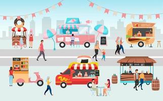 Street food festival flat vector illustration. Summer outdoor rest in town. Sellers, buyers and trucks with snacks, ready meal. City fest with food vehicles, walking, eating people cartoon characters