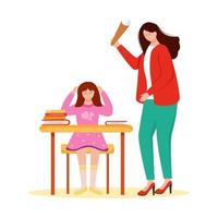 Trouble relationship flat vector illustration. School teacher conflict. Scolding pupil, student. Aggressive behaviour. Abuse of child isolated cartoon characters on white background