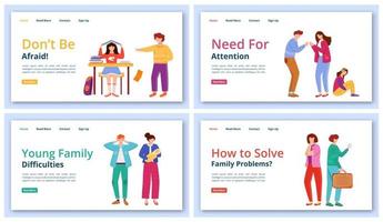 Trouble relationship landing page vector template set. Young families difficulties website interface idea with flat illustrations. Solving problems homepage layout, webpage cartoon concept