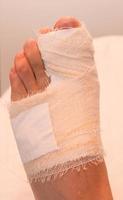 Close up of a Persons Bandaged up Broken Big Toe photo