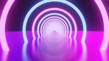 3d rendering of glowing neon ring and dark blue-purple background. Cyber Futuristic High Speed light zoom. Circles show fashion. Backdrop beam .Abstract Light fast night with way Spaceship Concept video