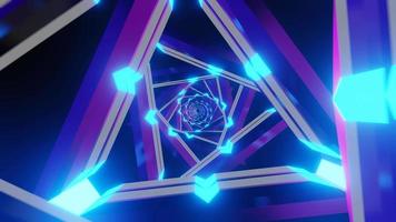 rendu 3d du portail de technologie de pointe abstrait de science-fiction. modèle de boucle de tunnel triangulaire néon lueur bleu-violet. abstrait volant dans un couloir métallique futuriste d'éclairage au néon zoom moderne avec des triangles. video