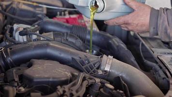 Mestre de reparos de carros derramando óleo novo nas filmagens do motor video