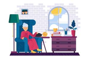 Resting Grandmother With A Cat At Home vector