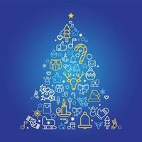 Christmas tree silhouette with holiday linear icons vector