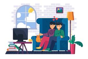 pareja sentada en el sofá viendo la televisión en casa vector