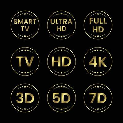 Golden TV icon set. TV labels TV HD 3D 5D 7D Smart TV Full HD 4K Ultra HD