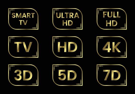 Golden TV icon set. TV labels TV HD 3D 5D 7D Smart TV Full HD 4K Ultra HD