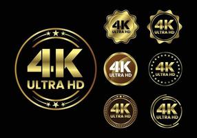 logotipo de icono de resolución de video 4k ultra hd dorado, tv de alta definición, etiqueta de visualización del monitor de pantalla del juego, botón web de etiqueta 4k ultra hd. vector