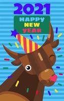 New year 2021 cute greeting card with cartoon bull vector