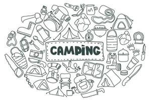 Doodle estilo camping set.hand dibujado vector conjunto de imágenes prediseñadas de camping. aislado en el dibujo de fondo blanco para impresiones, carteles, lindos artículos de papelería, diseño de viajes. naturaleza, recreación forestal, deporte.