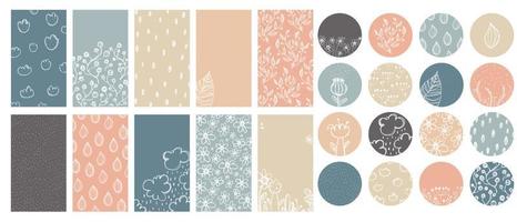 Social media stories templates. Abstract shapes and floral hand drawn elements. Vertical background template. Highlight cover set vector