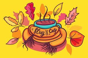 Hot Drink Mug Braided Scarf Decorated Dry Leaves vector