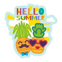 Hello Summer Sticker with Cute Cartoon Pineapples vector