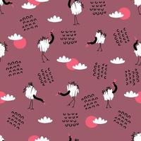 Hand drawn seamless pattern with red crowned cranes. vector