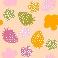 Multicolored strawberries and spotted flowers seamless pattern. vector